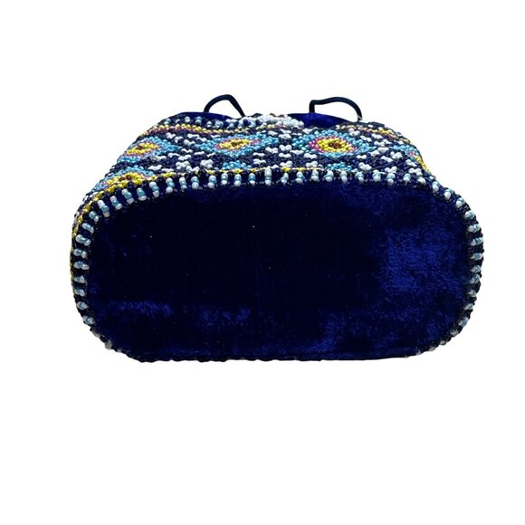 Beaded Velvet Drawstring Pouch Navy Ethnic Geometric Design Embellished Handbag - Picture 5 of 7